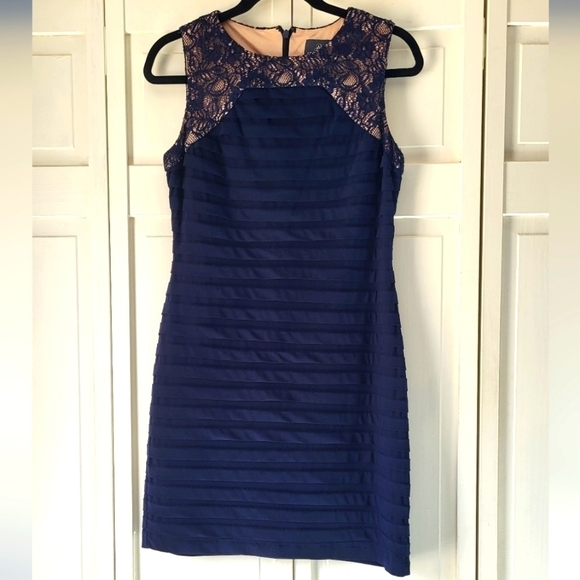 Adrianna Papell Navy Blue Lace Ruched Sheath Dress - Picture 1 of 8